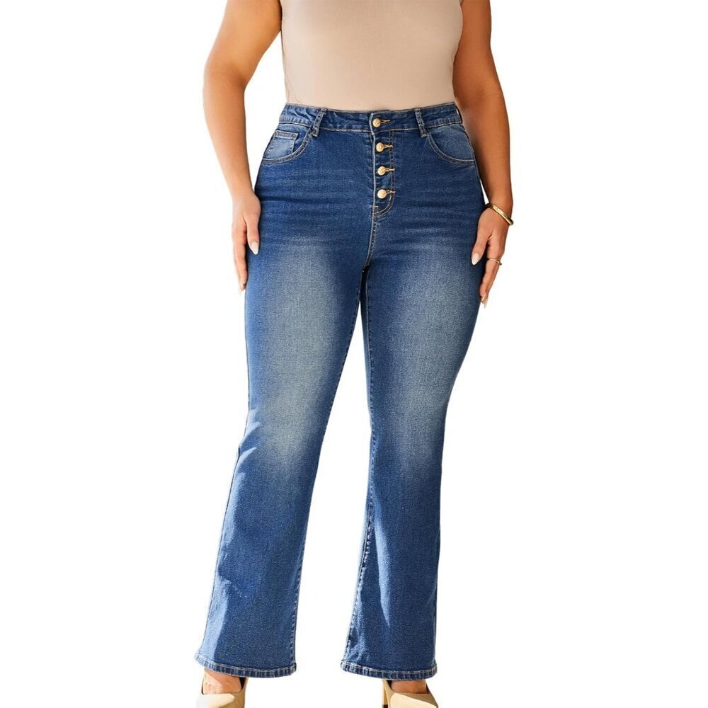 High Waisted Plus Size Bootcut Jeans Womens Stretchy 4 Button Closure